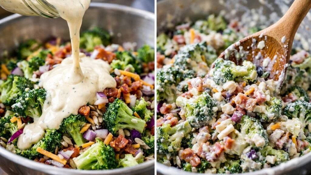 mixing broccoli salad with creamy dressing bacon and cheddar cheese in bowl