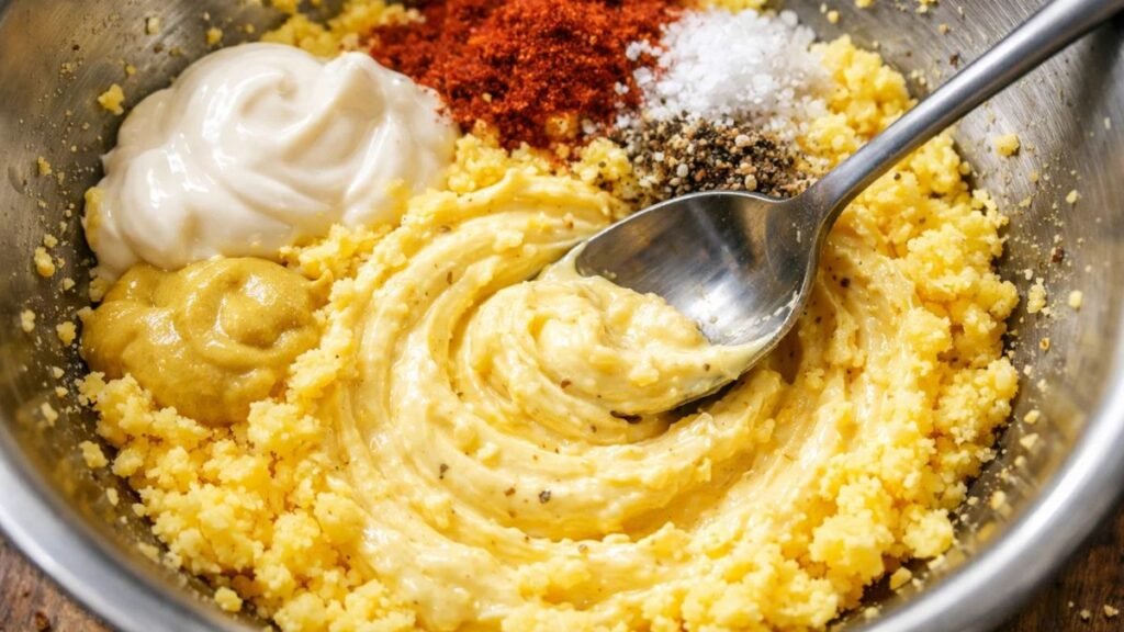 mixing deviled egg dressing with mayo mustard paprika creamy texture