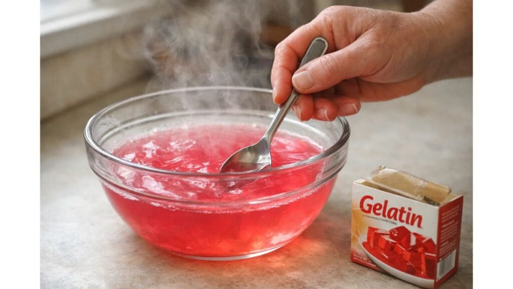 mixing pink gelatin weight loss recipe in bowl dissolving sugar free gelatin