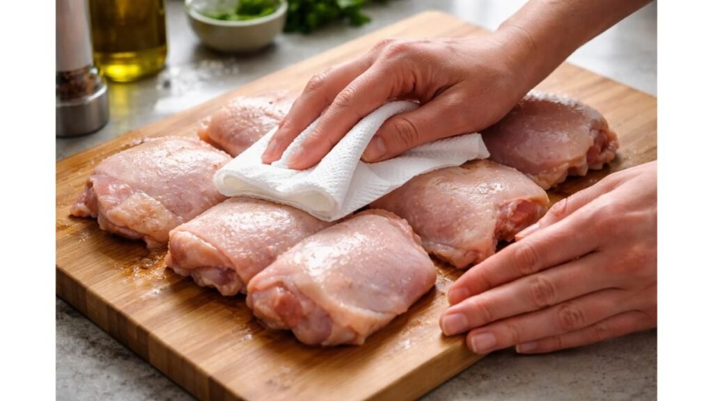 preparing chicken thighs patting dry before frying crispy chicken recipe