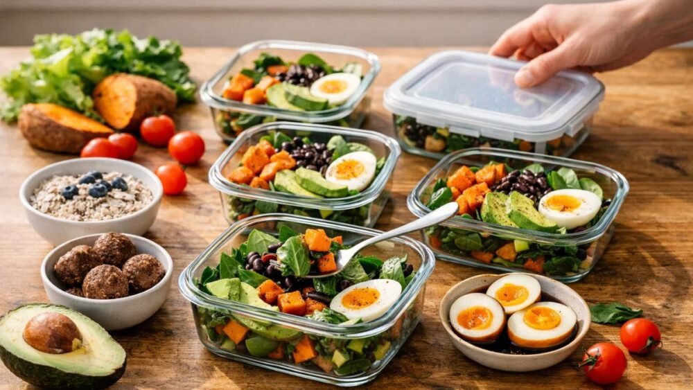 Healthy salad meal prep containers with roasted sweet potatoes, avocado, beans, and eggs prepared for weekly lunches.