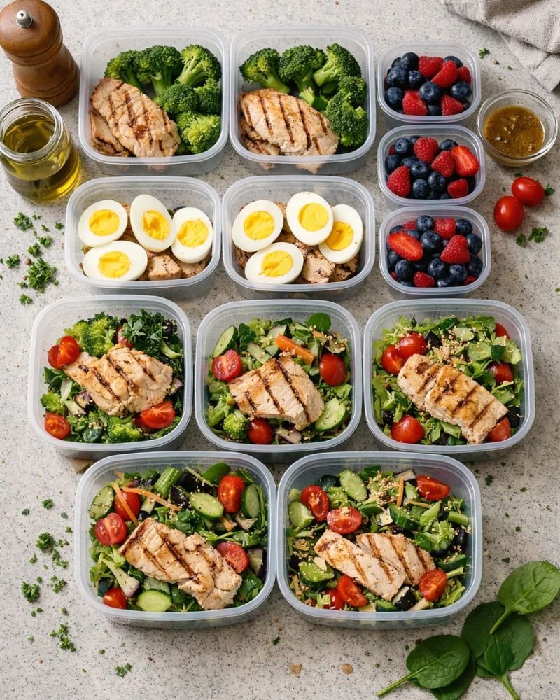 1000 calorie meal prep containers with chicken broccoli eggs and healthy low calorie foods