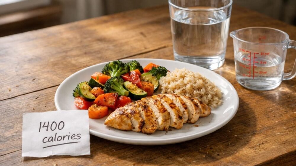 1400 calorie diet plan balanced meal chicken vegetables rice portion control weight loss realistic kitchen scene