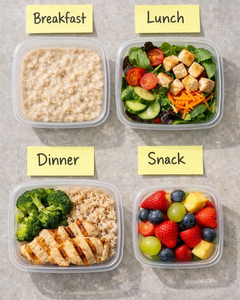 1400 calorie meal portions breakfast lunch dinner snack calorie deficit diet realistic meal prep containers
