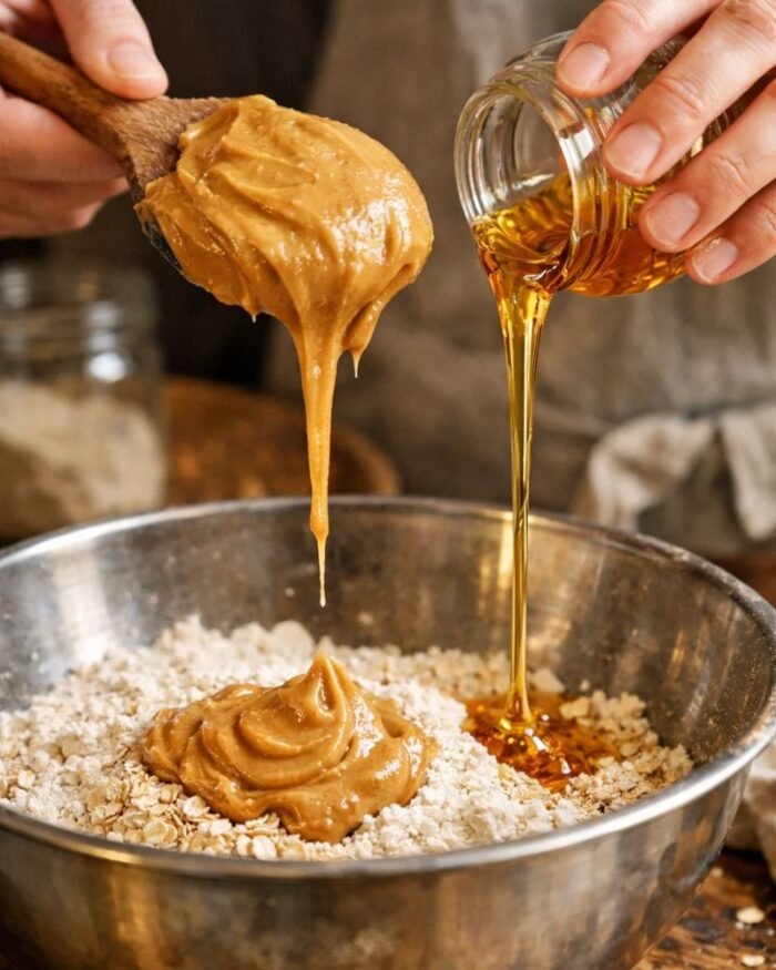 Add peanut butter and honey to the dry mixture. Stir until everything starts to come together.