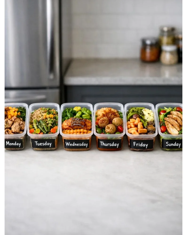 7 day gluten free meal prep plan containers labeled weekly healthy meals organized fridge meal prep