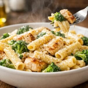 Chicken broccoli ziti recipe in a bowl with creamy sauce, tender chicken, and fresh broccoli, homemade pasta dinner
