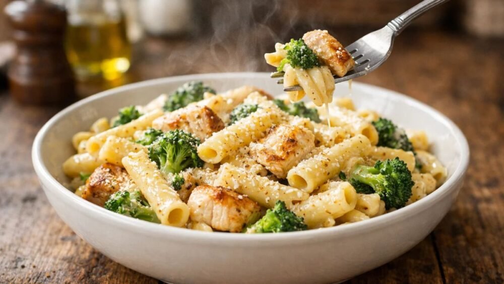 Chicken broccoli ziti recipe in a bowl with creamy sauce, tender chicken, and fresh broccoli, homemade pasta dinner