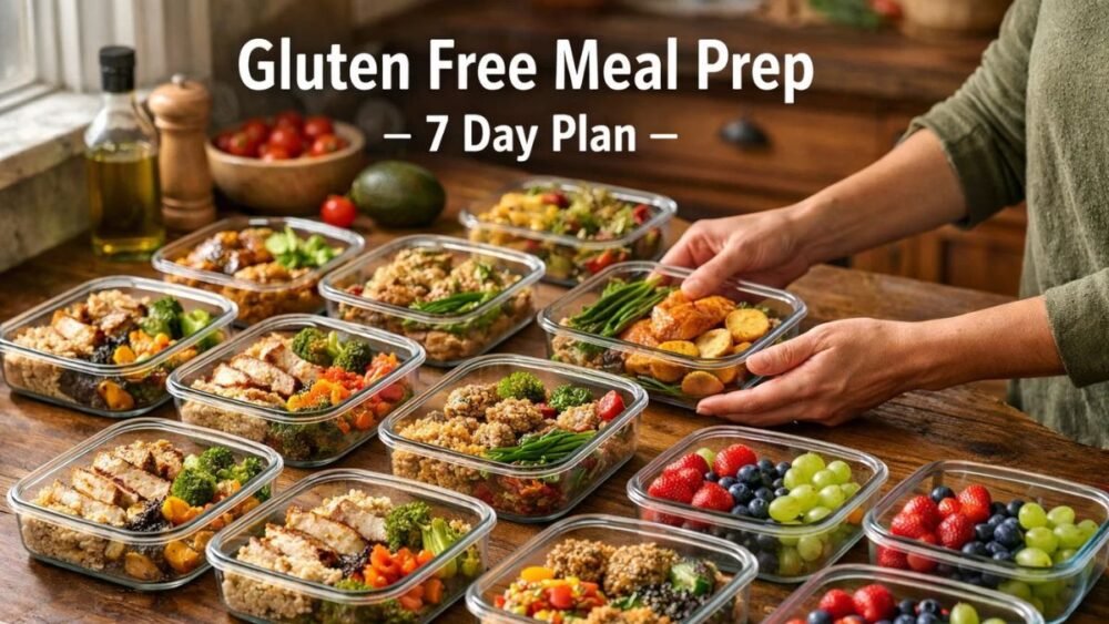 gluten free meal prep containers with chicken rice vegetables weekly plan healthy meal prep ideas