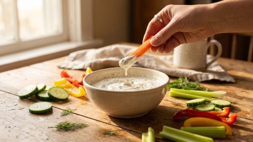 Greek yogurt ranch dip recipe in a bowl with fresh vegetables and a hand dipping a carrot, healthy high-protein ranch alternative