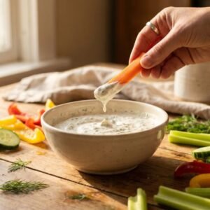 Greek yogurt ranch dip recipe in a bowl with fresh vegetables and a hand dipping a carrot, healthy high-protein ranch alternative