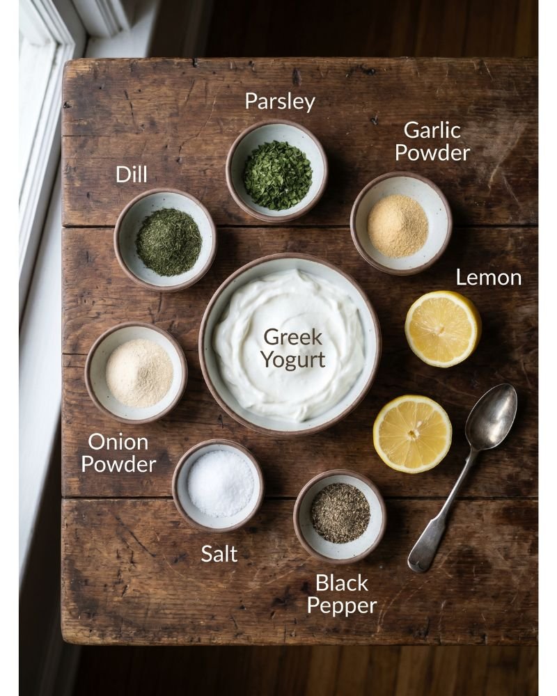 Greek yogurt ranch dip ingredients labeled including yogurt dill parsley garlic powder onion powder lemon salt and pepper on rustic kitchen surface