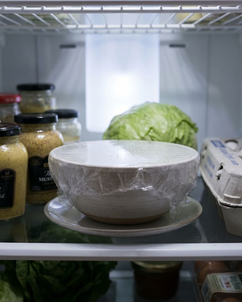 Greek yogurt ranch dip resting in refrigerator to enhance flavor before serving