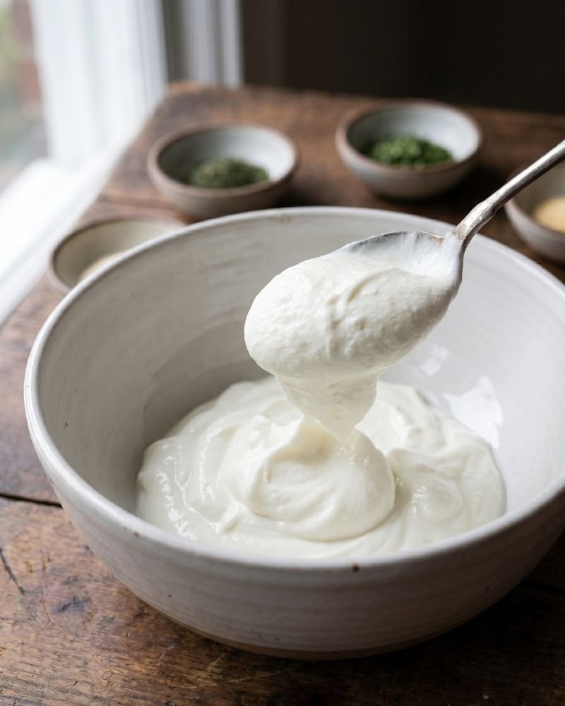 adding Greek yogurt to bowl for ranch dip recipe thick creamy yogurt base