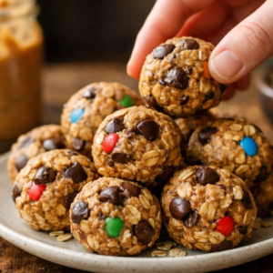 Monster cookie protein balls made with oats, peanut butter, and chocolate chips on a rustic table, healthy no bake snack