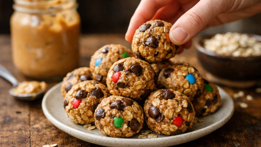 Monster cookie protein balls made with oats, peanut butter, and chocolate chips on a rustic table, healthy no bake snack