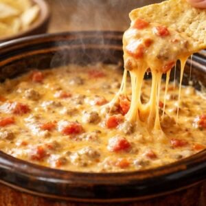 Rotel dip recipe crock pot with melted cheese and tortilla chip dipping, creamy cheesy rotel dip slow cooker party dish