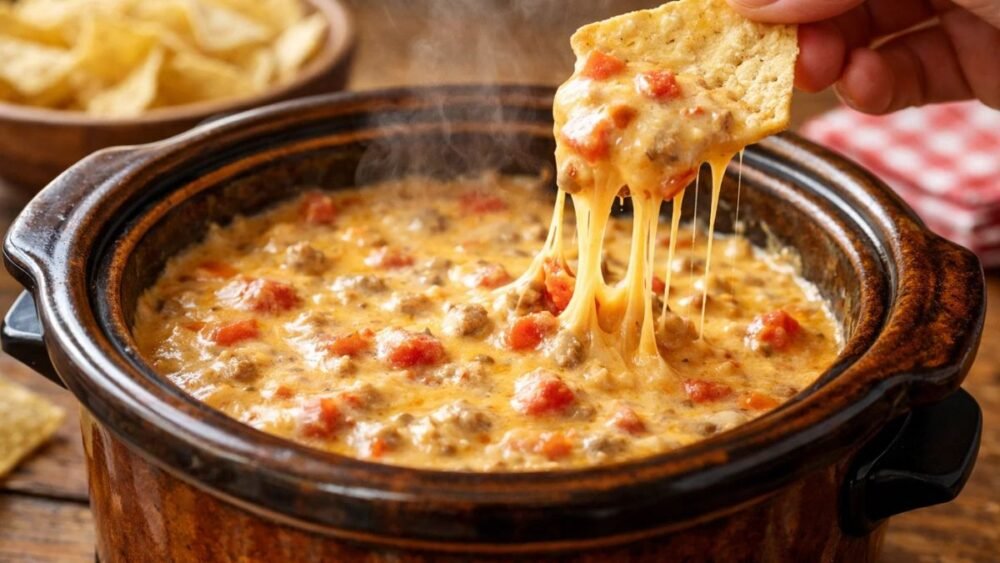 Rotel dip recipe crock pot with melted cheese and tortilla chip dipping, creamy cheesy rotel dip slow cooker party dish
