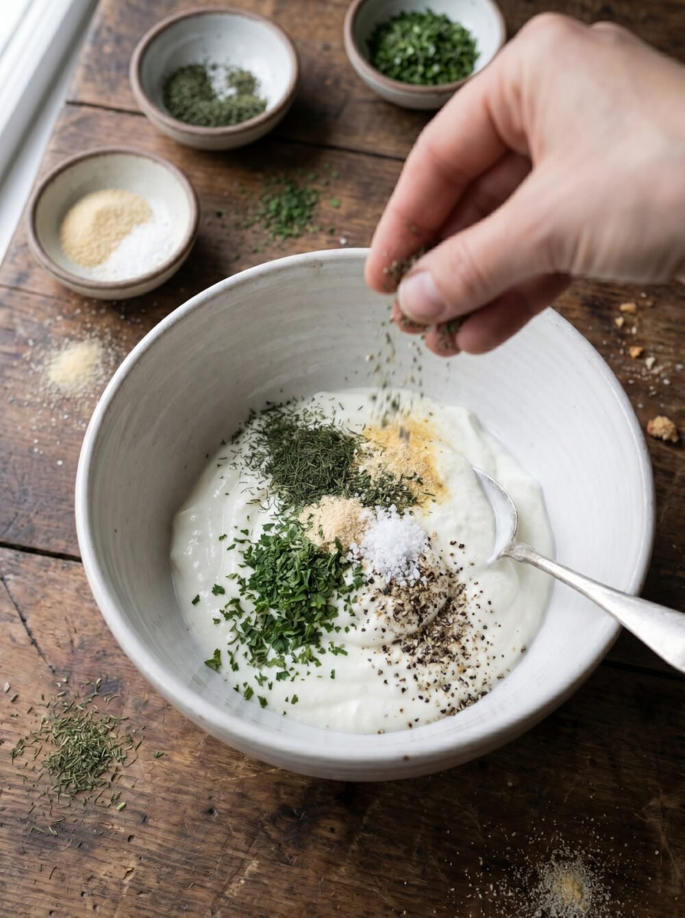 adding herbs and spices to Greek yogurt for ranch dip dill parsley garlic powder seasoning
