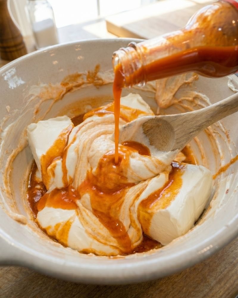 adding hot sauce to buffalo chicken dip mixture