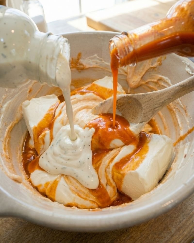 adding ranch dressing to buffalo chicken dip mixture
