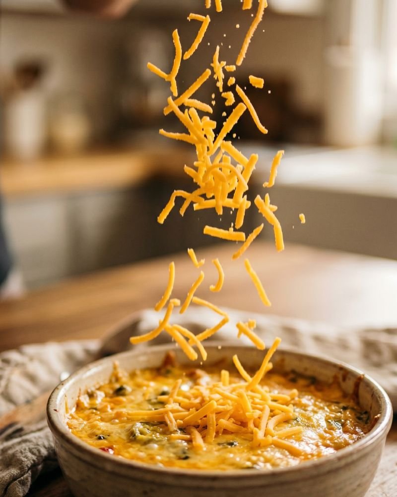 adding shredded cheddar cheese on top of buffalo chicken dip