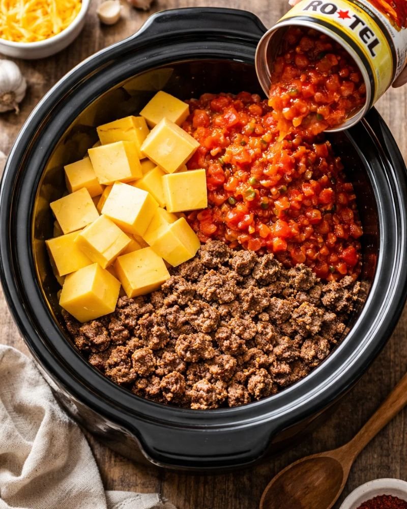 adding velveeta rotel tomatoes and beef into crock pot for rotel dip slow cooker