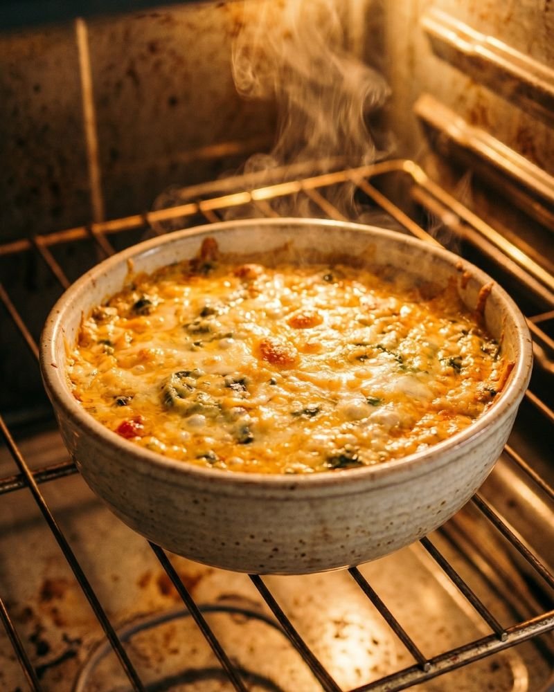 buffalo chicken dip baking in oven with melted bubbly cheese