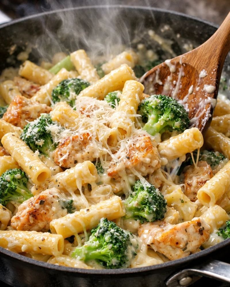 chicken broccoli ziti pasta being mixed in creamy sauce with parmesan cheese