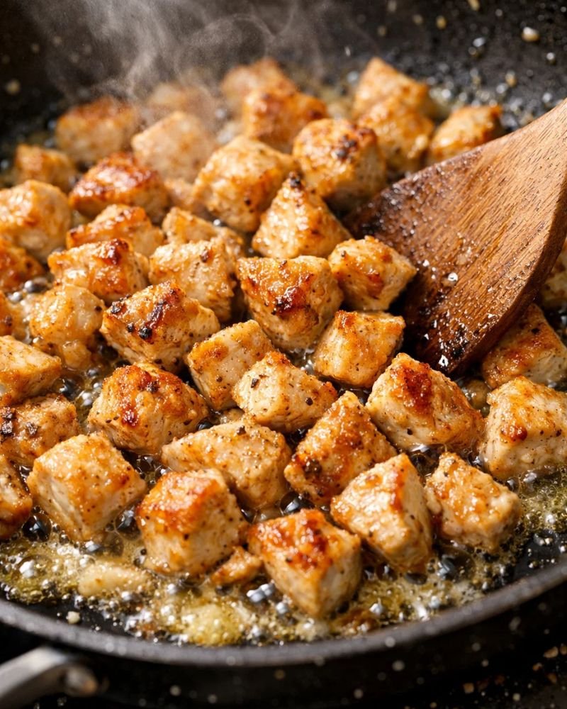 chicken cooking in skillet until golden for chicken broccoli ziti recipe