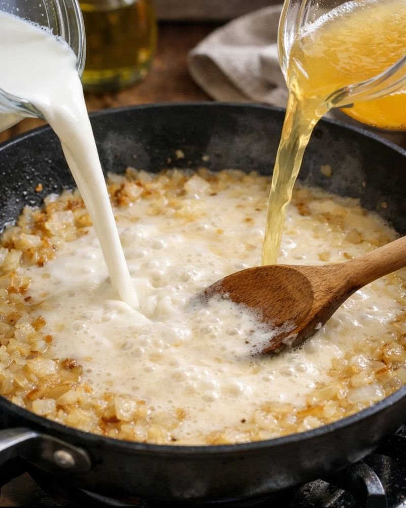 milk and chicken broth forming creamy sauce in pan for chicken broccoli ziti recipe