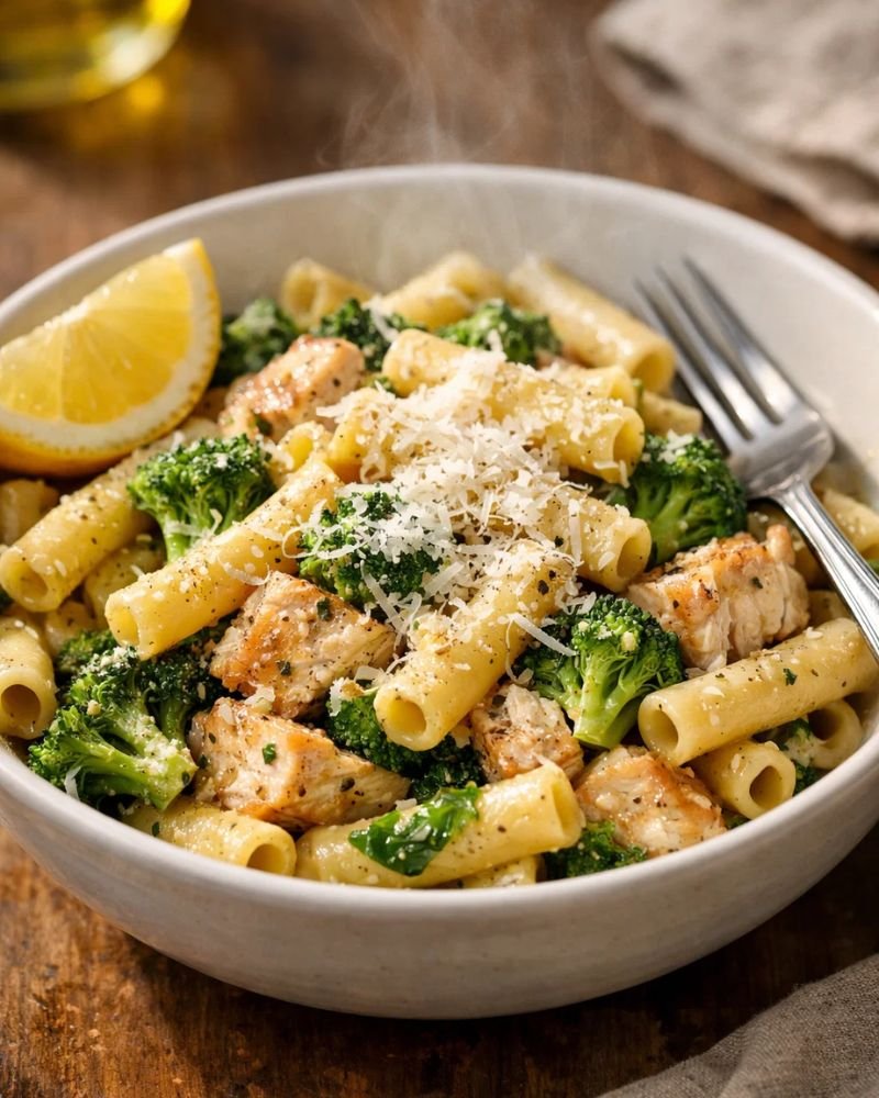 finished chicken broccoli ziti served with parmesan and lemon garnish in bowl
