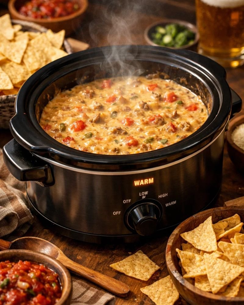 finished rotel dip crock pot on warm setting ready to serve with tortilla chips