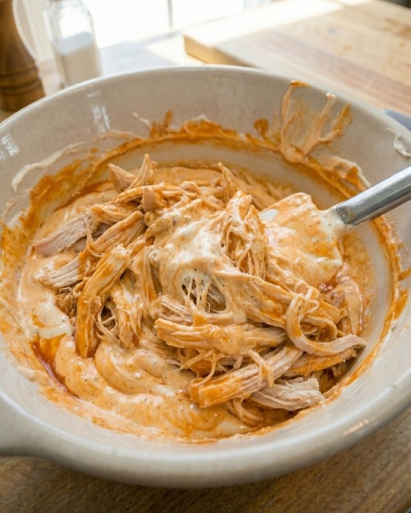 folding shredded chicken into buffalo chicken dip mixture