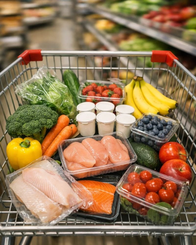 healthy grocery shopping for low calorie diet vegetables chicken yogurt weight loss plan