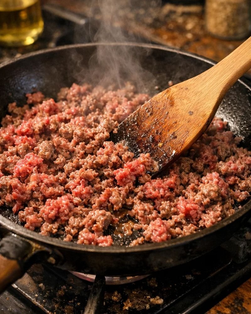 ground beef browning in skillet for rotel dip recipe crock pot step by step