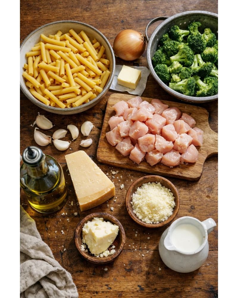 ingredients for chicken broccoli ziti recipe including pasta, chicken breast, broccoli, garlic, and parmesan