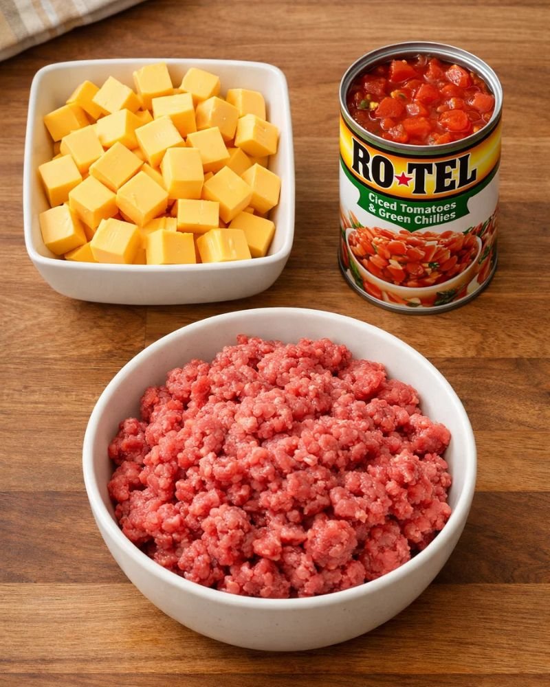 ingredients for crock pot rotel dip including velveeta cheese ground beef and rotel tomatoes