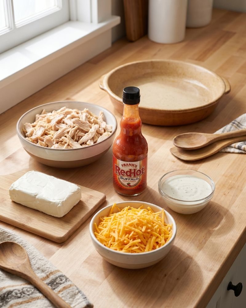ingredients for frank’s buffalo chicken dip including shredded chicken cream cheese hot sauce ranch and cheddar cheese