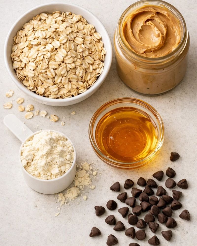 ingredients for monster cookie protein balls including oats peanut butter protein powder honey and chocolate chips