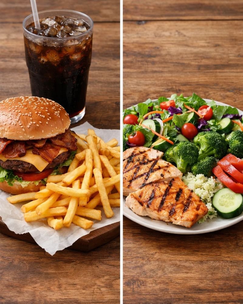 low calorie vs high calorie meal comparison volume eating diet plate vs fast food