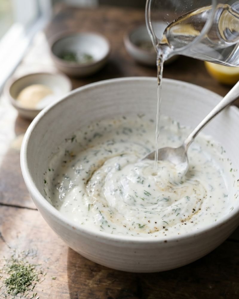 mixing Greek yogurt ranch dip adding water to adjust creamy consistency