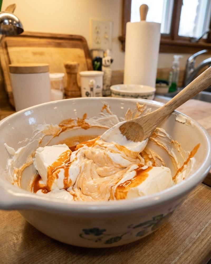 mixing cream cheese hot sauce and dressing for buffalo chicken dip