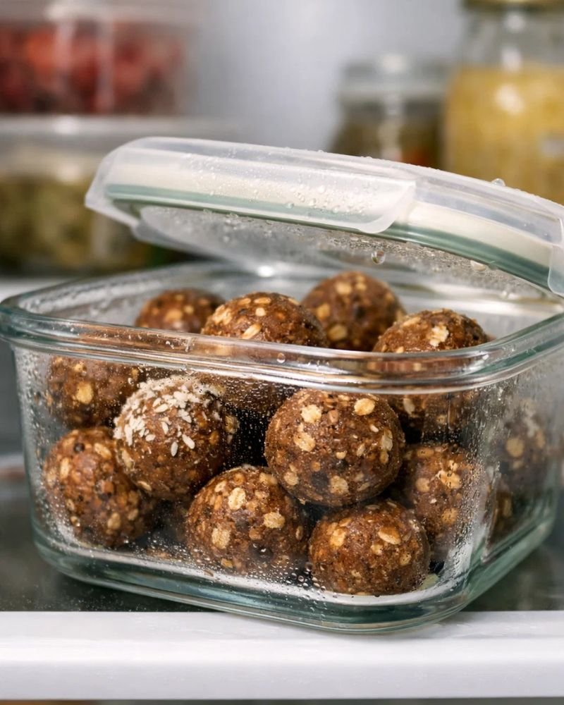 monster cookie protein balls stored in container in fridge for meal prep healthy snack