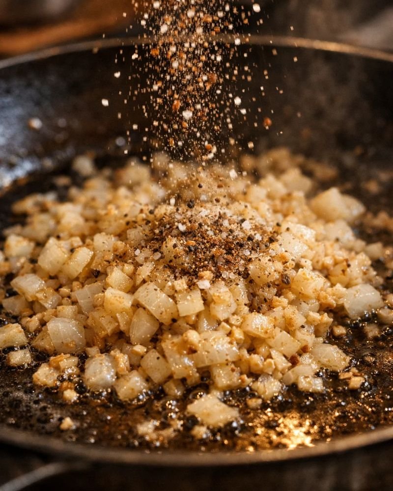 onion and garlic sautéing in pan with seasoning for chicken broccoli ziti sauce base