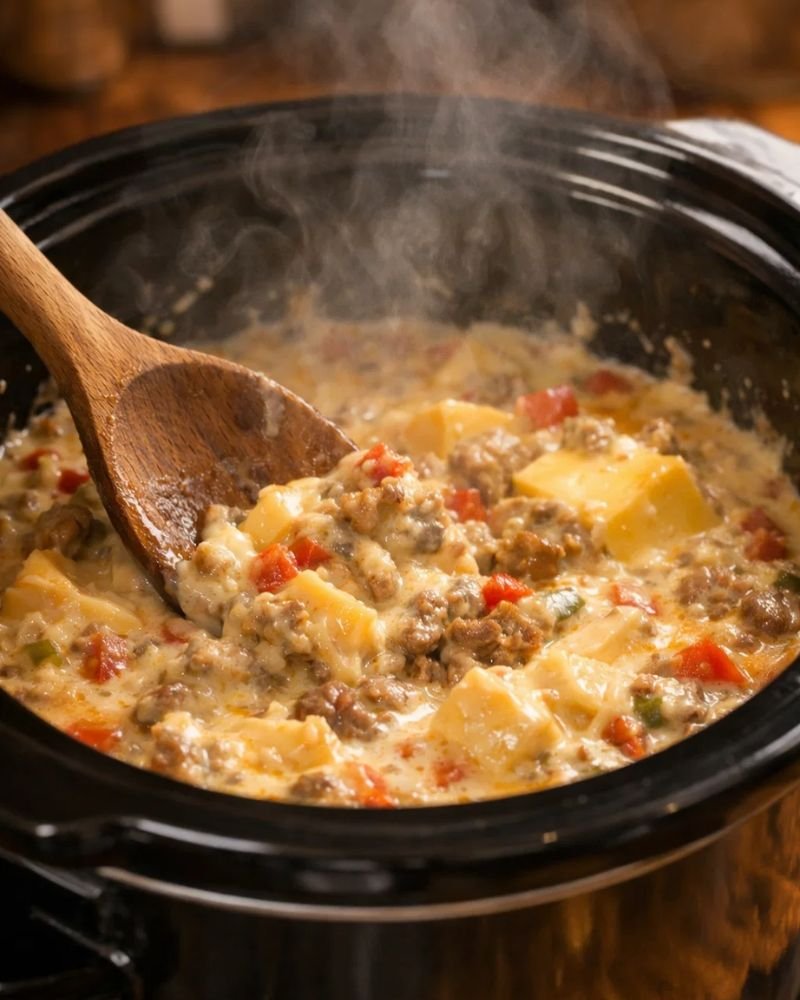 rotel dip melting in crock pot slow cooker cheesy mixture being stirred