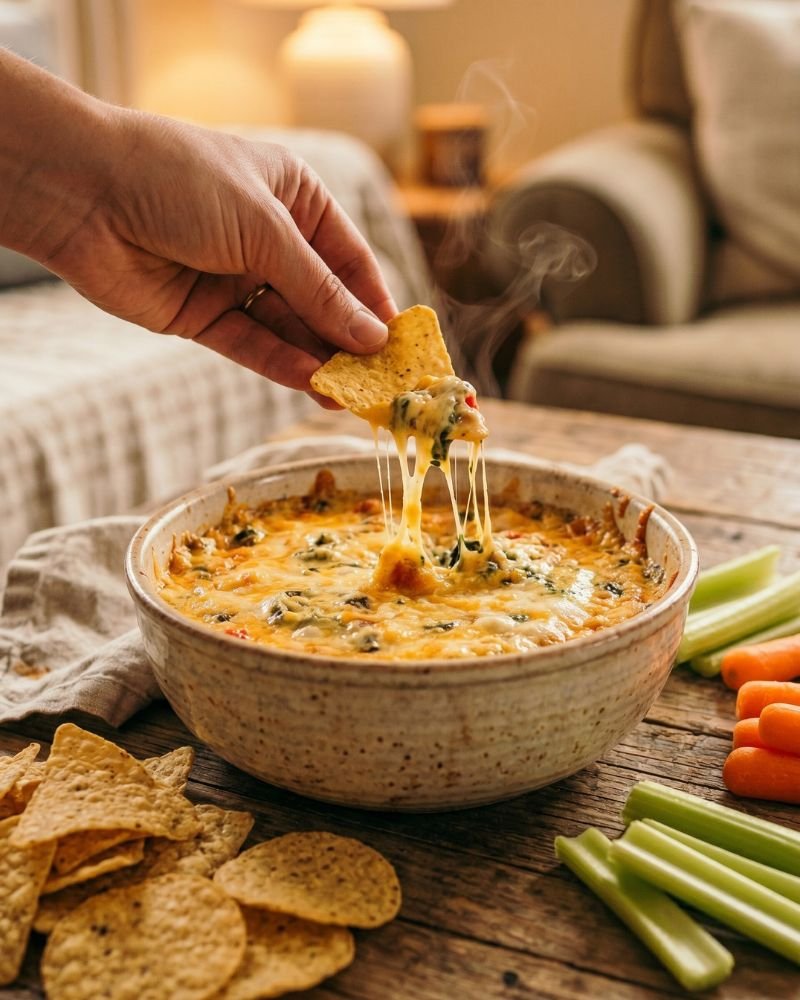serving buffalo chicken dip with chips celery and carrots
