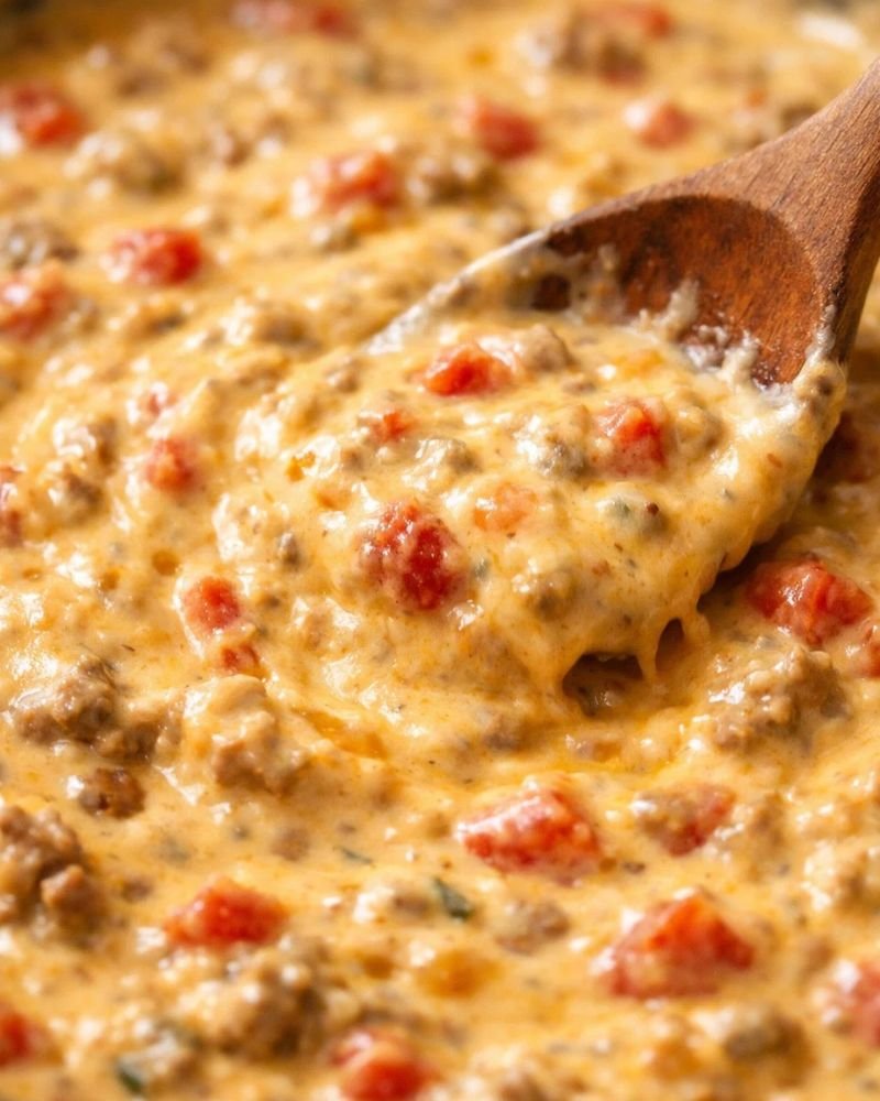 smooth creamy rotel cheese dip in crock pot being stirred evenly