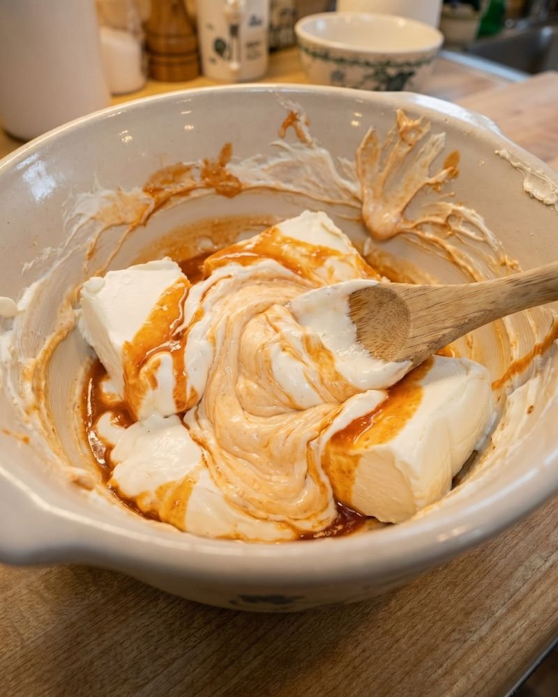 softened cream cheese being added to buffalo chicken dip mixture