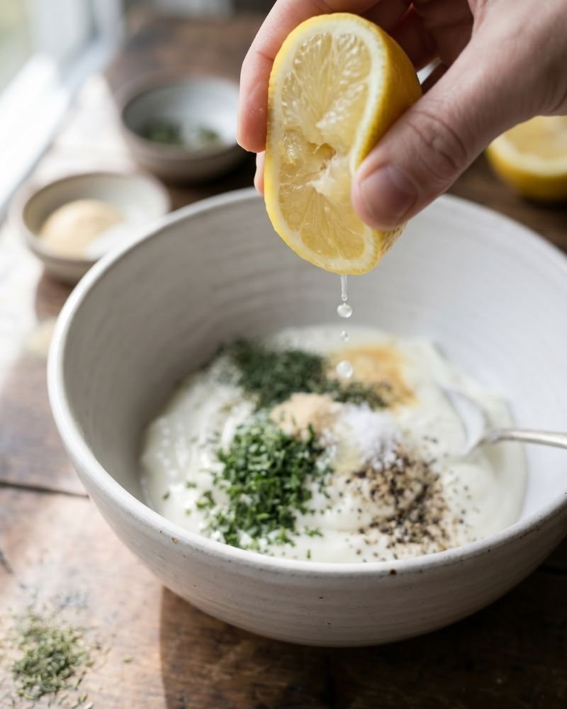 squeezing lemon juice into Greek yogurt ranch dip to balance tangy flavor